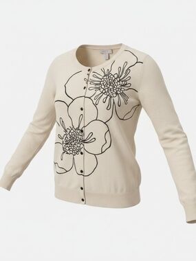 LOFT Cream Cardigan with Black Floral Outline